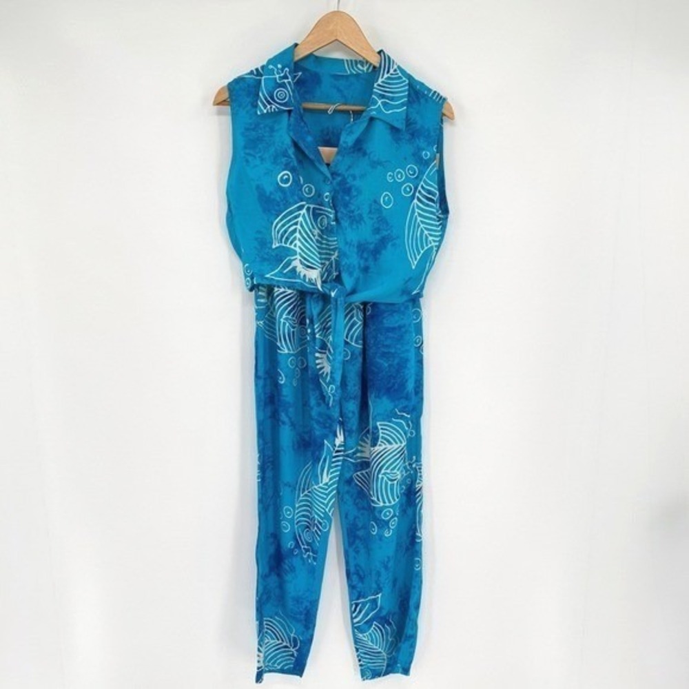 Zion Blue Tie-Dye Sleeveless Two Piece Fish Print Blouse/Pants Set Women's S
